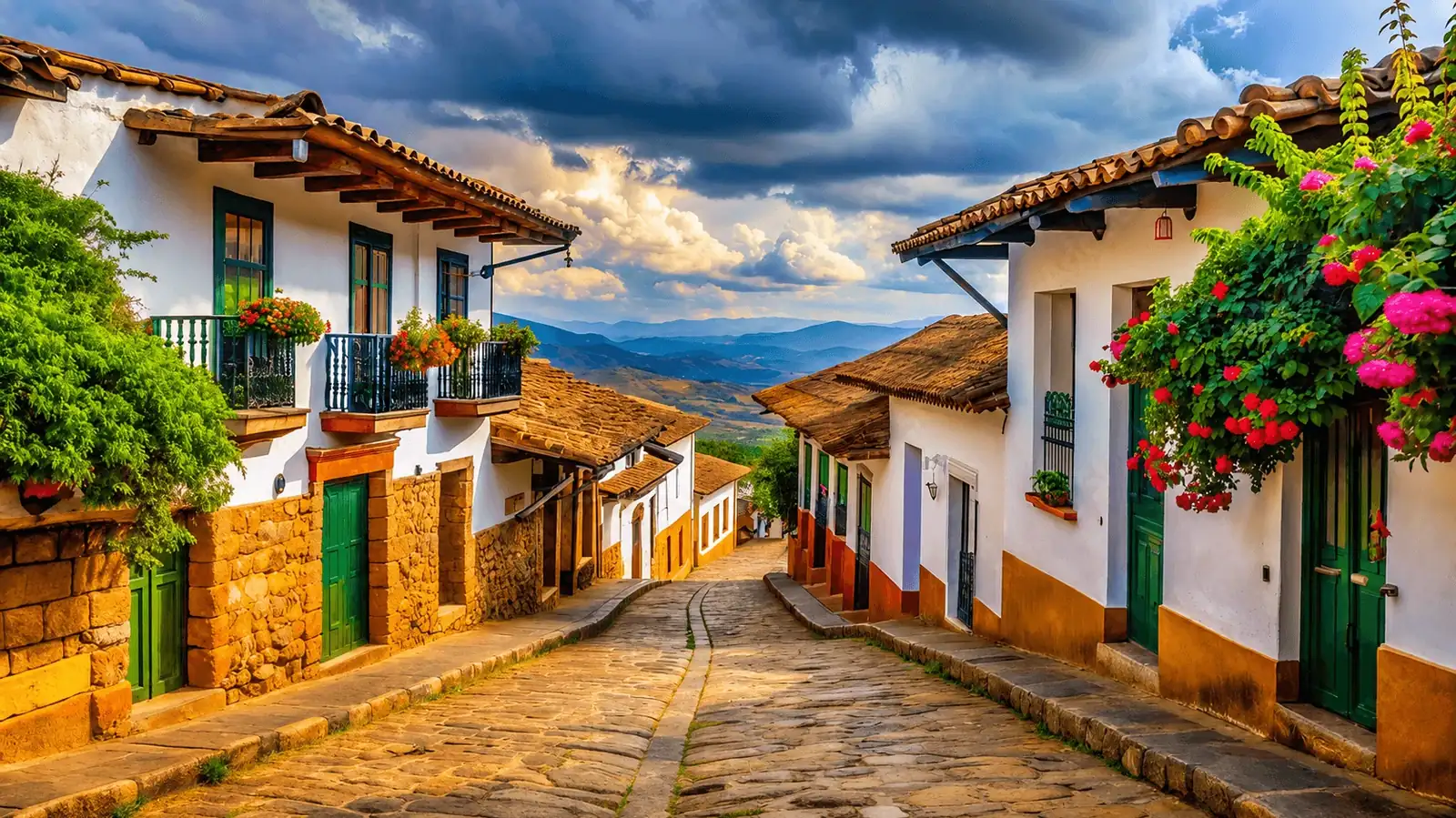 Calle empedrada de Barichara con balcones floridos y montañas al fondo, Santander