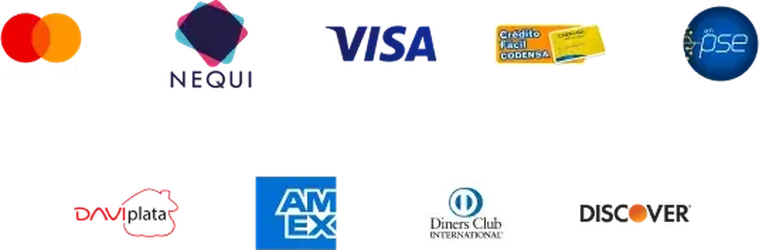 Medios de pago aceptados: Mastercard, Nequi, Visa, PSE, Daviplata, American Express, Diners Club, Discover y Codensa